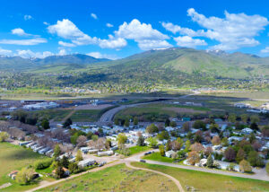 Elk Village Mobile Home Park - drone shot with mountain in background